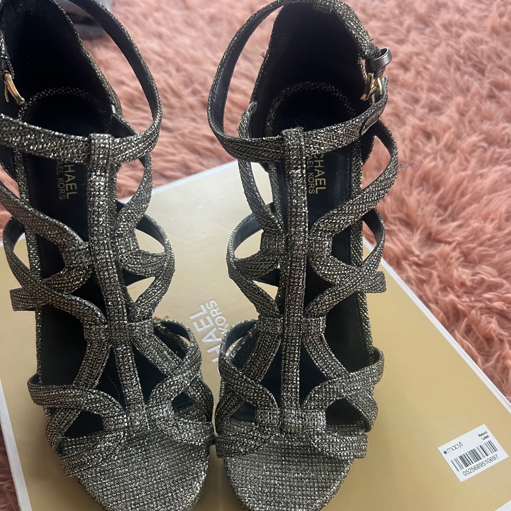 Michael Kors, black and gold strap high heel  sandals